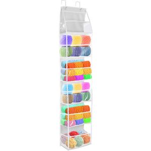 Hanging Yarn Storage Organizer with 6 Large Pockets, Clear Knitting Organizer with Over-Door Hooks for Crochet Lovers, Holder for Knitting Needles, Crochet Hooks, Yarn Balls