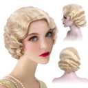 REEWES Long 1920s Wig Finger Wave Wig 613 Curly Short Wig Vintage Wigs for Women Lady Synthetic Heat Resistant Full Wigs Cosplay Costume Fancy Dress With Wig Cap (Light Blonde) (Light Blonde)
