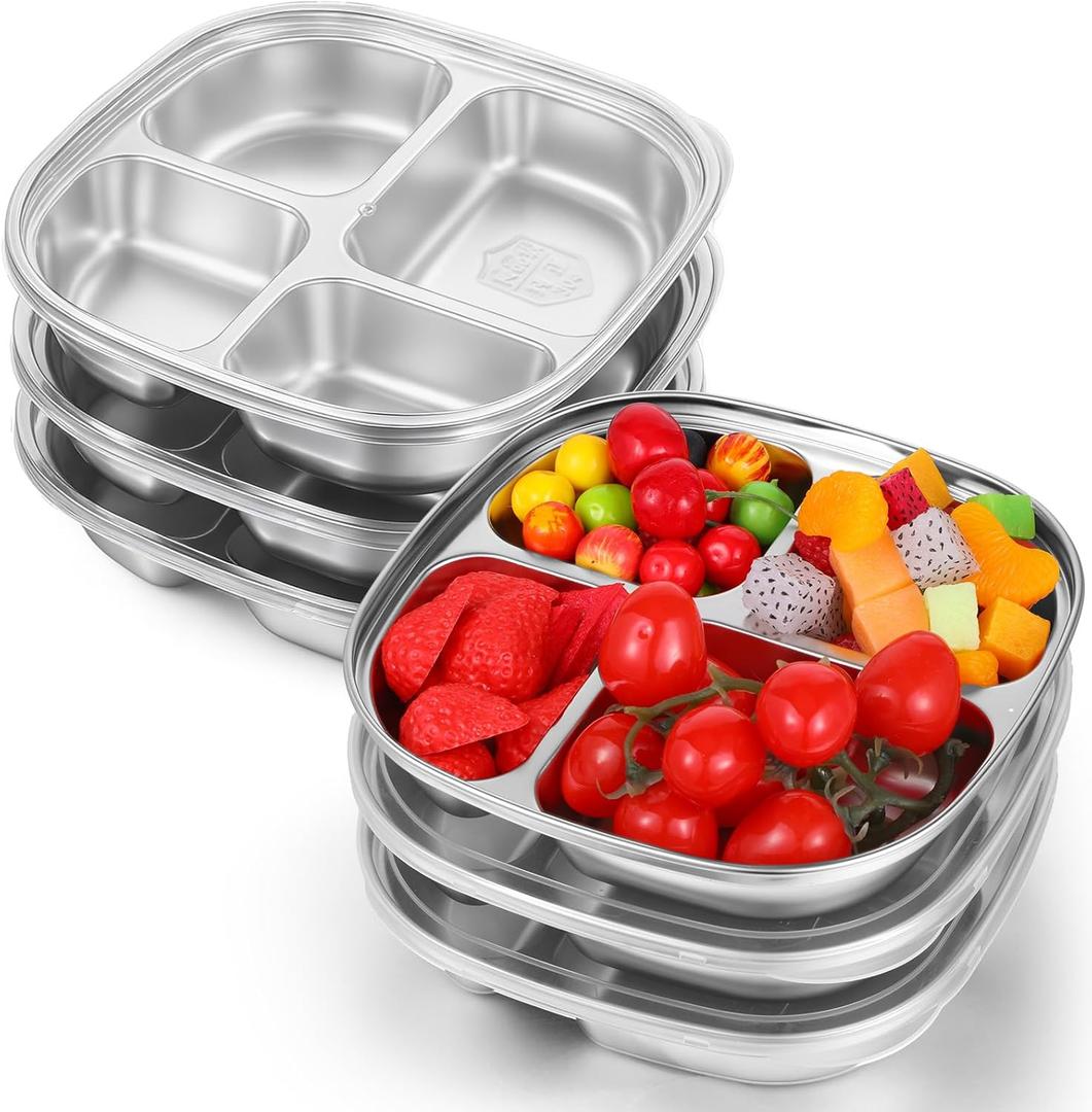 SHENLIU 6 Pack Stainless Steel Snack Containers with Lids, Reusable 4 Compartments Bento Boxes Snack Lunch Box Portion Control Plate for Divided Food Storage Container for Home Travel Camping