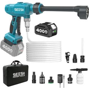 SEESII Cordless Washer Battery Powered, Dual 4000mAh Batteries Portable Washer with 6-in-1 Nozzle & Foam Cannon for Car, Home, Garden, Patio and Fence Cleaning