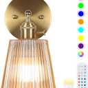 Battery Operated Wall Sconce,Vintage Battery Wall Light With Remote Dimmable Wireless Wall Sconces With Glass Lampshade Rechargeable, Led Wall Lamp Fixtures For Bedroom, Living Room (Stripe Amber)