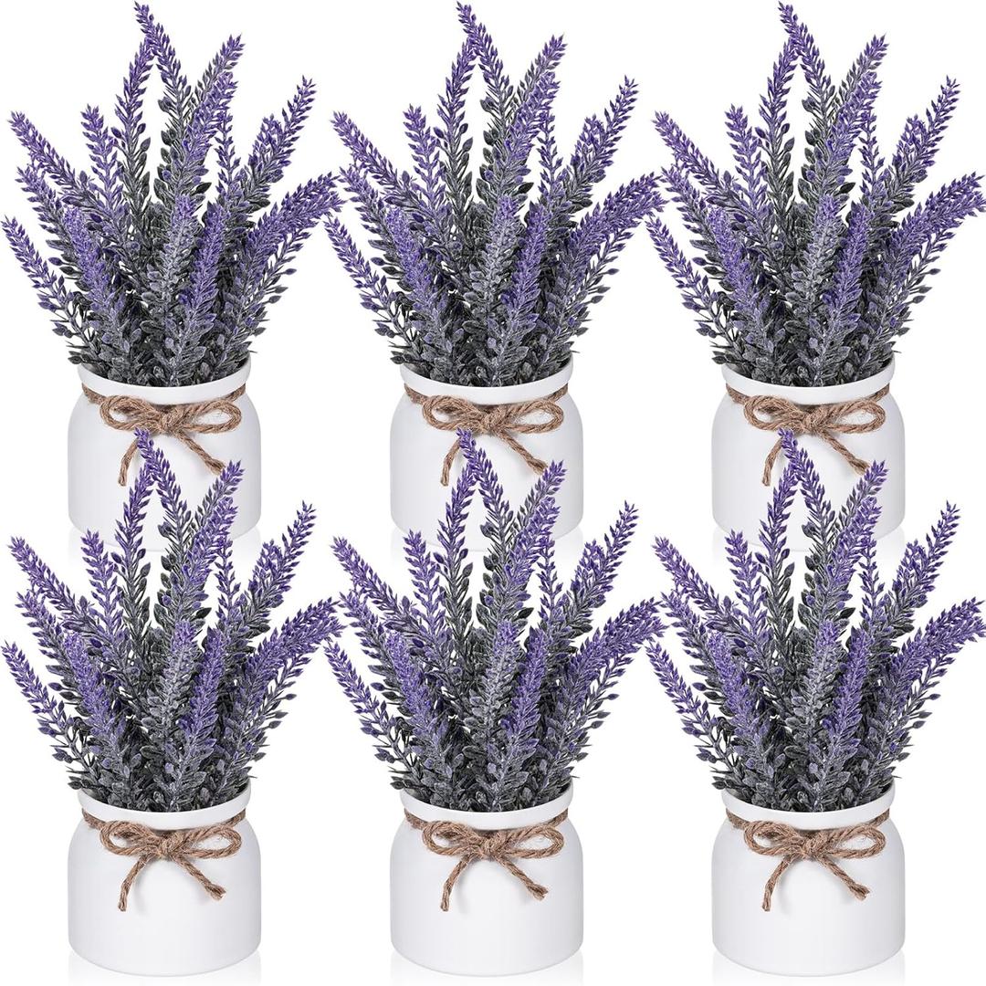 6 Pcs Artificial Lavender Plant in Pots Small Rustic Spring Faux Lavender Potted Plants Purple Bathroom Decor Farmhouse Centerpieces for Kitchen Bedroom Shelves Desk Office