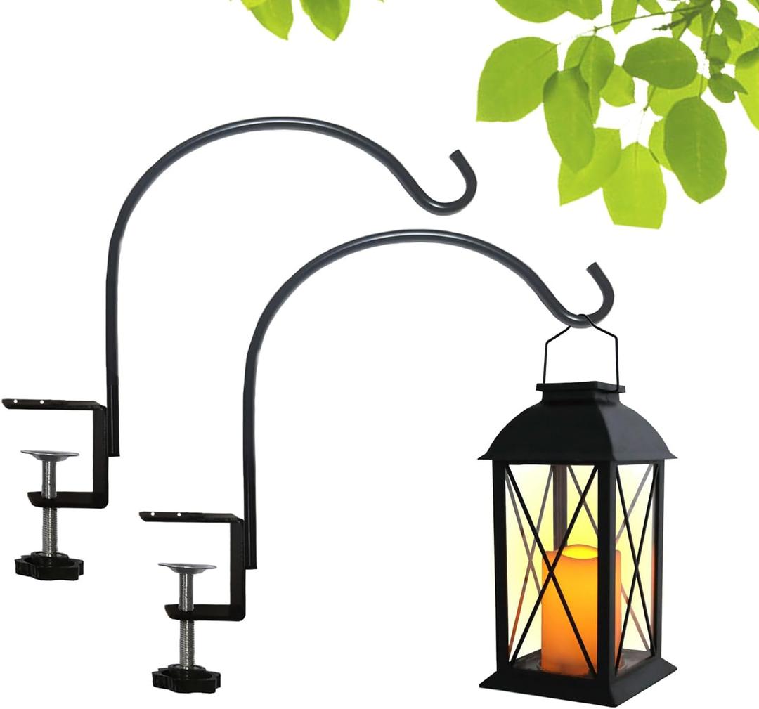 Short Deck Hook for Railing 2 Pack Deck Bird Feeder Pole with 3.3 Inch Strengthened Clamp for Hanging Bird Feeders, Lanterns, Wind Chimes, Flower and Plant Baskets (2)Lanterns Not Included