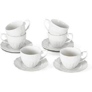 3 oz Espresso Cups Set of 6, Bone China Small Espresso Coffee Cups & Saucers Set, Handcraft Floral Embossing Ceramic Demitasse Mugs Mini Barista Cups for Latte Mocha Farmhouse Housewarming Gift, White