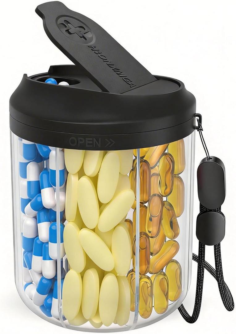 Pill Bottle Organizer with 7 Large Compartments, Pill Dispenser 4.4" H x 3.6" Dia for Travel, Supplement Organizer with Anti-Mixing Design, BPA-Free Pill Container with 20 Pcs Labels, Black