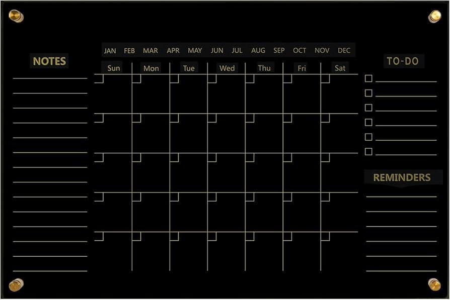Black Acrylic Calendar Dry Erase for Wall, Family Planner, Monthly Calendar Dry Erase Whiteboard for Home, Office, 24" x 16"Reusable White Board（(Acrylic-BK-4060)