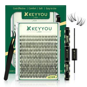 Lash Clusters Kit Natural 144pcs 8-16MIX Lash Extension Kit Wispy Lash Clusters C curl with Bond and Seal, Remover, Applicators for DIY Fluffy Eyelash Clusters at Home (KY05 Kit)