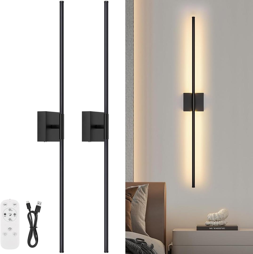 Wall Sconces Set of Two with Remote Control, 39.4 in Dimmable Black Battery Operated Wall Lights, 350 Ratation 3000K-6000K LED Wireless Rechargeable Sconce for Bathroom, Living Room, Bedroom