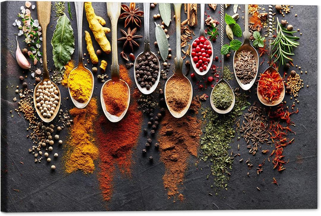 GUTTATY Kitchen Dining Room Canvas Wall Decor Art, Colorful Spices and Spoons Canvas Wall Art, Modern Kitchen Pictures Wall Decor, Dining Room Hanging Painting, Kitchen Art Prints 24x36 Inches