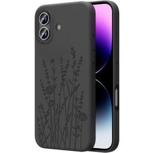 Magnetic Engraved Case Compatible with iPhone 16 Case, Compatible with Magsafe, Camera All-Round Protection, Slim Liquid Silicone Phone Case for Women Girls, Black Flower