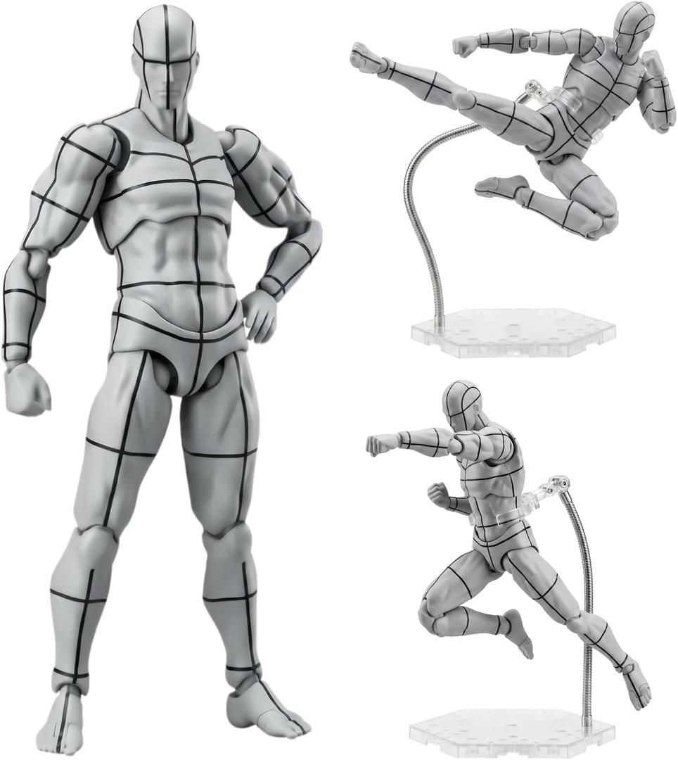 Ceenna Body Set, Action Figure Wireframe Adjustable Articulated Drawing Model Manikin Art Mannequin Figure for Artists Designers Sculptors Sketching Painting, Gray with Black Lines