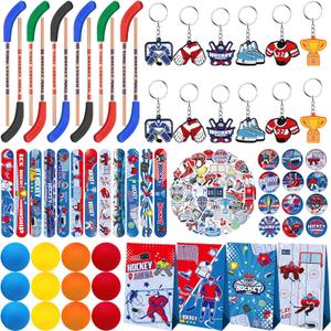 113 PCS Hockey Party Favors Set ,41 Hockey Stickers, 12 Goodie Bags,12 Button Badges,12 Slap Bracelets, 12 Balls, 12 Pencils, 12 Keychains for Ice Hockey Sports Party Birthday Gift Supplies