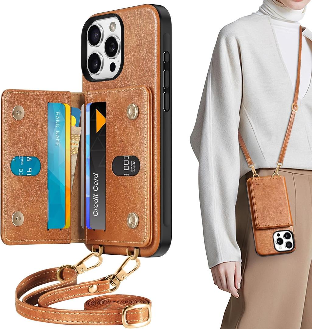 TUCCH Crossbody Case Wallet for iPhone 16 Pro Max, [Detachable Adjustable Lanyard] PU Leather Magnetic Folio RFID Blocking [6 Card Slots], Protective Phone Cover for iPhone 16 Pro Max 6.9", Brown