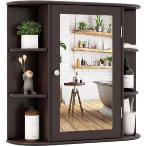 Tangkula Bathroom Medicine Cabinet with Mirror, Wall Mounted Home Storage with Door & 6 Open Shelves, Adjustable Shelves, Mirrored Bathroom Wall Cabinet (Coffee)