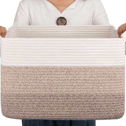 OIAHOMY Cotton Rope Basket, Rectangle Woven Baskets for Storage, Nursery Blanket Storage Living Room, Toy Basket With Handle-17.7”x13.8”x11”-Gradient Yellow