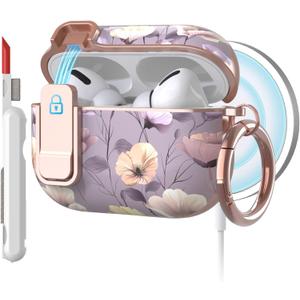 TATOFY for AirPods Pro 2nd Generation Case with Lock Carabiner Cleaner, Slim AirPod Pro 1st & 2nd Hard Case Cover, Compatible with MagSafe (Gray Purple) (Violet)