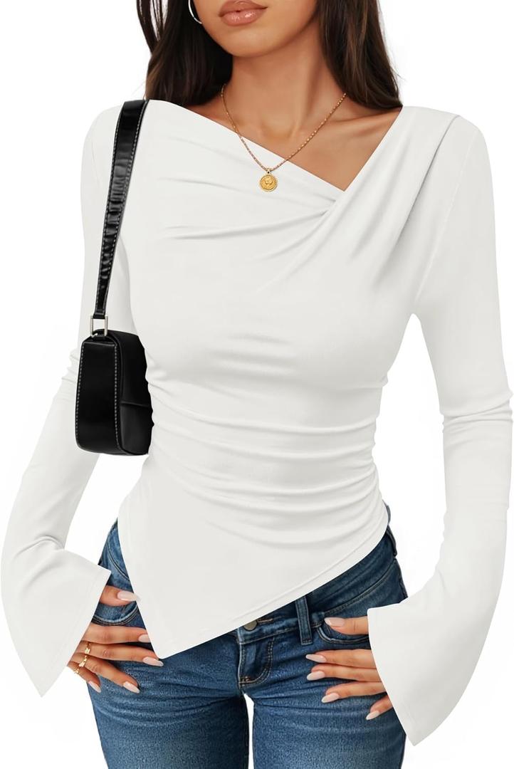 ZESICA Women's Long Bell Sleeve Shirts 2026 Fall Going Out Asymmetrical Crop Tops Slim Fit Ribbed Ruched Y2K Clothes (White, L)