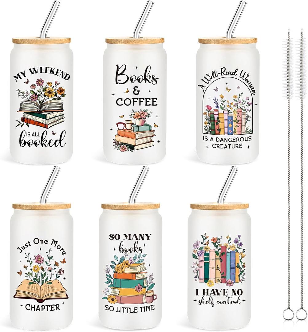 Yetene 6 Pcs Christmas Book Bookish Lovers Gifts for Women Readers 16 oz Glass Cups with Lids Straws Book Club Librarian Appreciation Christmas Birthday Gifts (White)