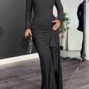 Vakkest Elegant Long Sleeve Dresses for Women Sexy Ruched Irregular Ruffle Split Party Maxi Dress Bodycon Evening Gowns (Black, XL)