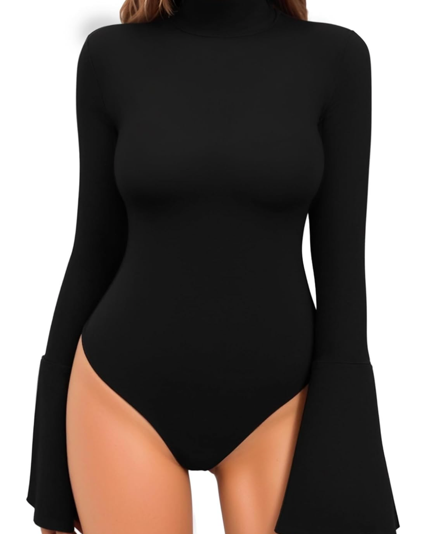 MANGOPOP Bell Sleeve Mock Neck Long Sleeve Bodysuit for Going Out Tops for Women M