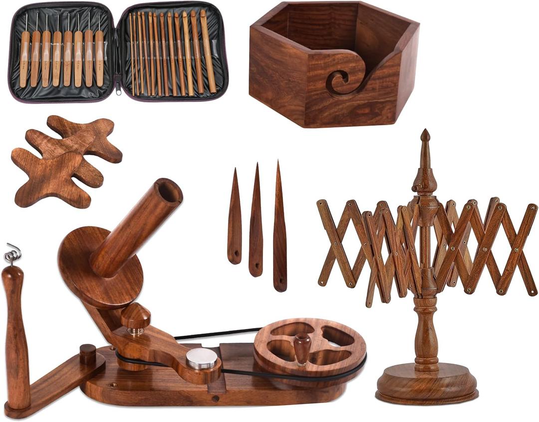 Brainmart Rosewood Yarn Winder & Swift with Wooden Yarn Bowl  30pcs Crochet Kit | Handcrafted Wooden Ball Winder, Crochet Hooks Set, Bobbins, Weaving Needles for Knitting, Crocheting & Weaving