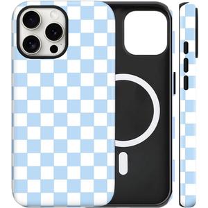Magnetic for iPhone 13/14 Case Cute Checkered Phone Case, Shockproof Slim TPU and Hard PC Protective Phone Cover Compatible with MagSafe Designed for Women Girls Gift, Blue