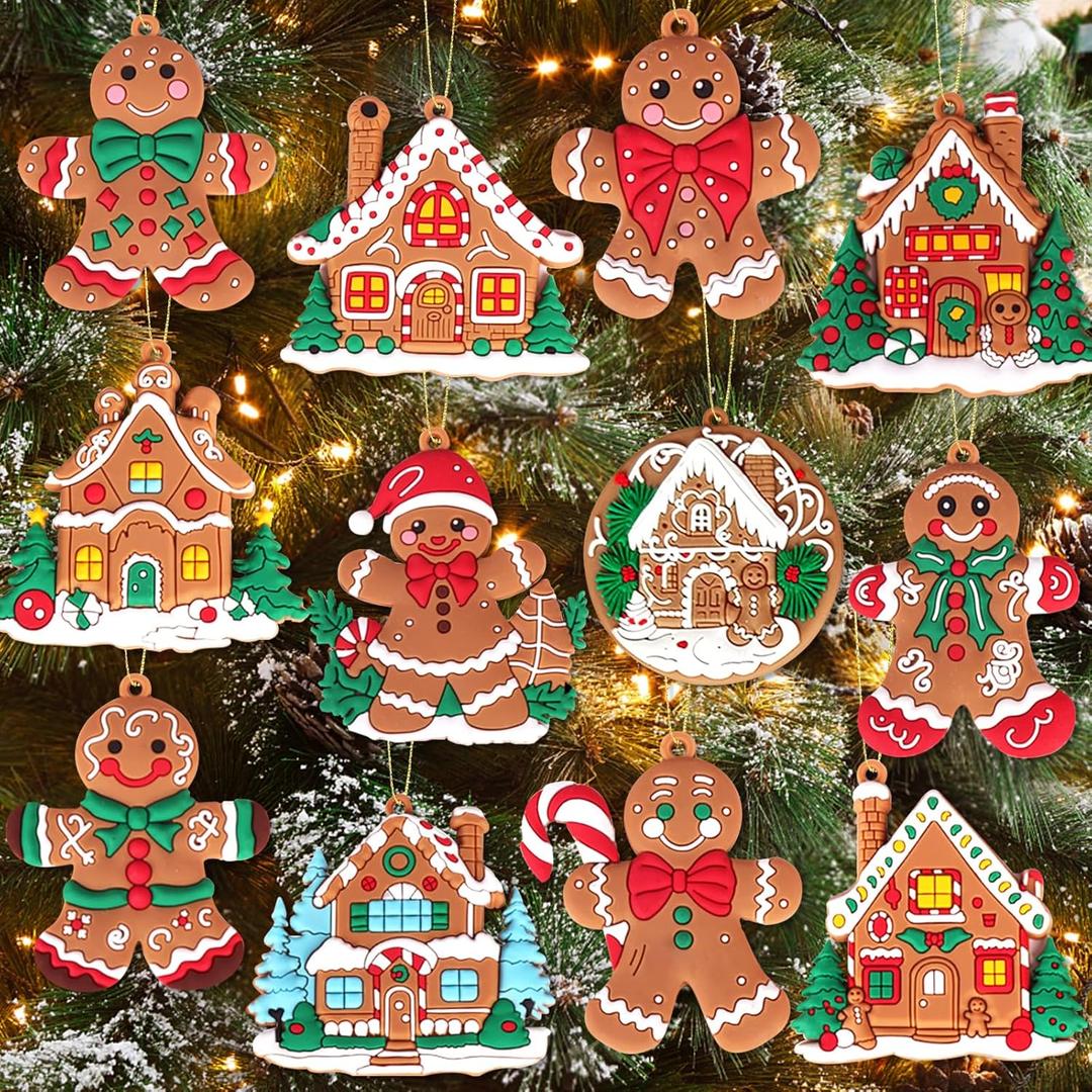 12Pcs Gingerbread Ornaments for Christmas Tree Decorations, Plastic Gingerbread Christmas Decoration and Gingerbreads House Ornaments for Holiday Christmas Tree Hanging Decorations