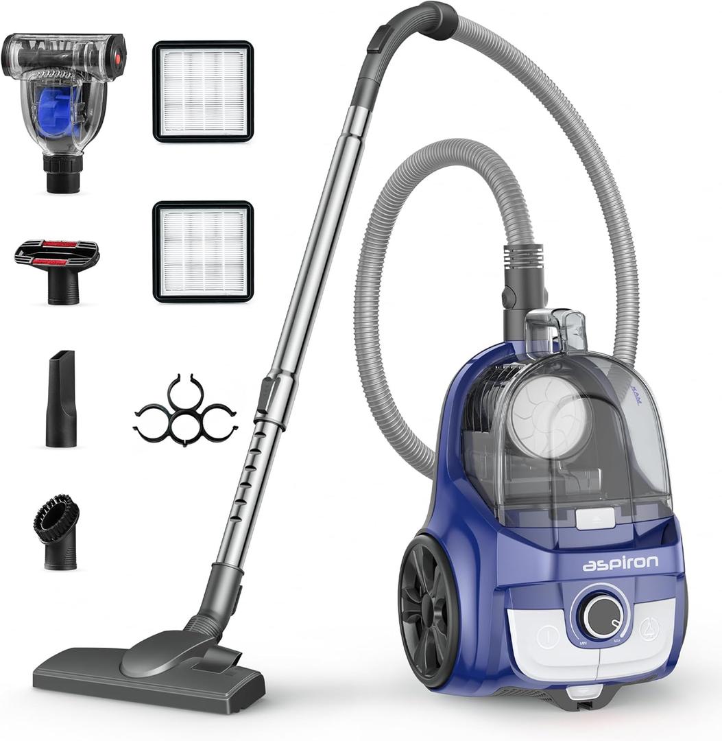 Aspiron Canister Vacuum, Upgraded 1600W Bagless Canister Vacuum Cleaner | Auto Cord Rewind, H13 HEPA Filter, 4Qt Large Capacity, 5 Tools for Hard Floors, Carpet, Pet, Upholstery, Tiles, Aqua