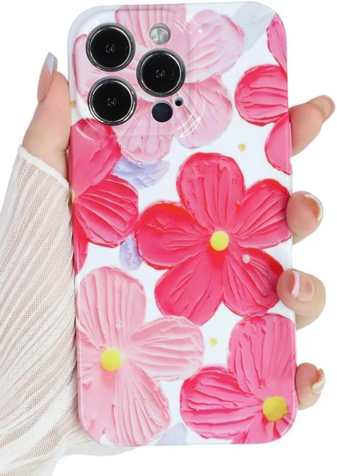 Compact for iPhone 12 Pro Case Floral Flowers Oil Painting Phone Case, Cute Trendy Soft Slim Shockproof Protective Cover Designed for Women Girls Aesthetic, Pink