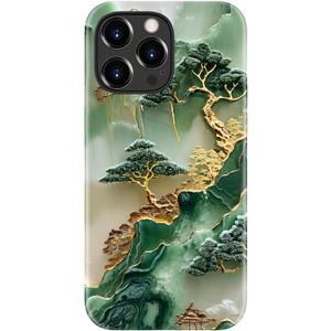 for iPhone 15 Pro Case - Wireless Charging Compatible - Dual-Layer Hard Shell + Silicone Cover - Shockproof Protective Phone Case with Stylish Designs for Women - Gold Inlaid Jade Carving