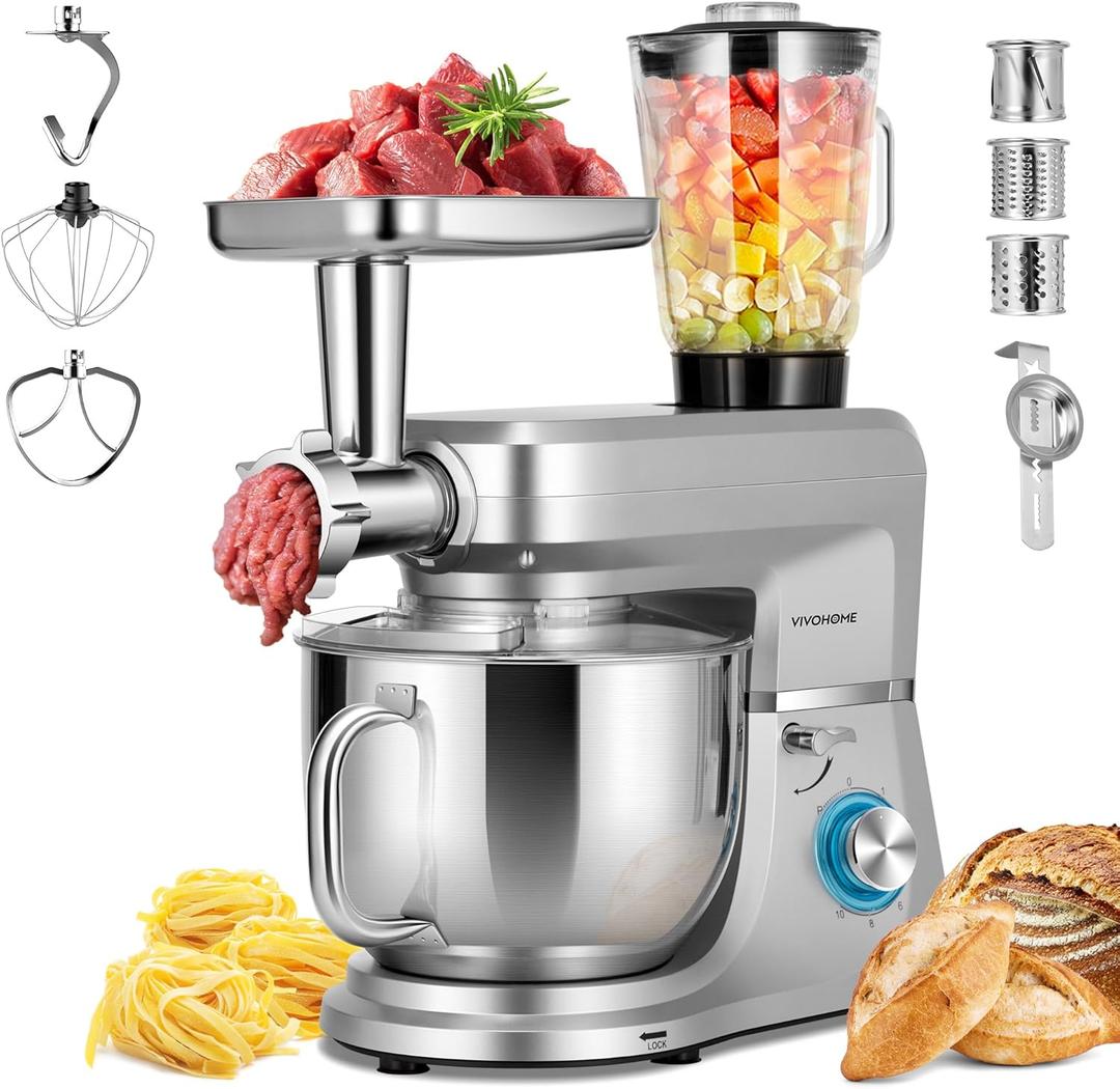 VIVOHOME 6-in-1 Stand Mixer, 8.5 Quart Electric Tilt-Head Kitchen Mixer with Bowl, Multifunctional Food Mixer for Cake, Bread, and Dough, with Meat Grinder, Blender, Pasta Maker Attachments, Silver