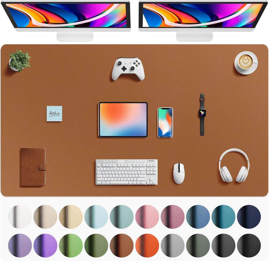 Aothia Faux Leather Desk Mat - Large Mouse Pad, Non-Slip PU Leather Blotter, Waterproof Writing Surface for Office and Home (Brown, 63" x 24")