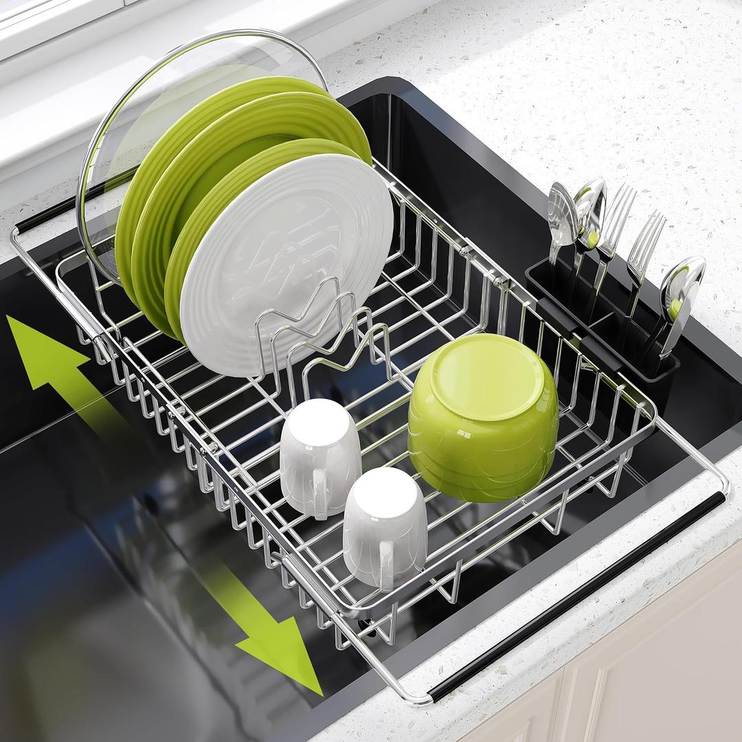 Expandable Stainless Steel Dish Drying Rack Over The Sink For Small Kitchen, Counter Space Saving Compact Metal Plate Drainer Strainer, Adjustable Hanging Inside Sink Rust Proof Wire Dryer Holder