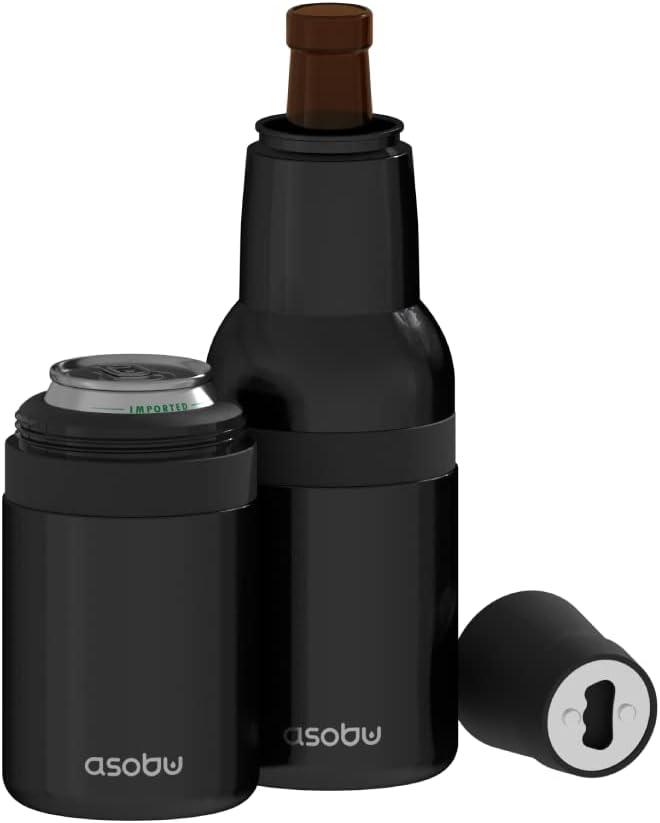 Asobu Frosty Beer 2 Go Vacuum Insulated Double Walled Stainless Steel Beer Bottle and Can Cooler with Beer Opener (Midnight Black)