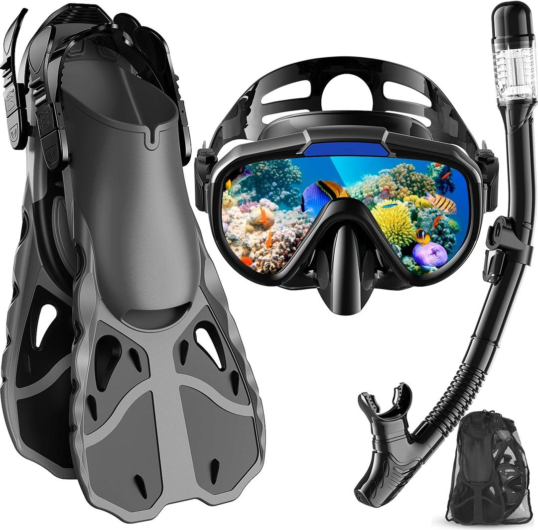Snorkel Set with Fins for Adults, Snorkeling Gear for Adults Men and Women, Snorkle, Mask Set Adults Dry Top Snorkel Mask Combo Set with Travel Bag for Snorkeling, Diving, Swimming (Black)