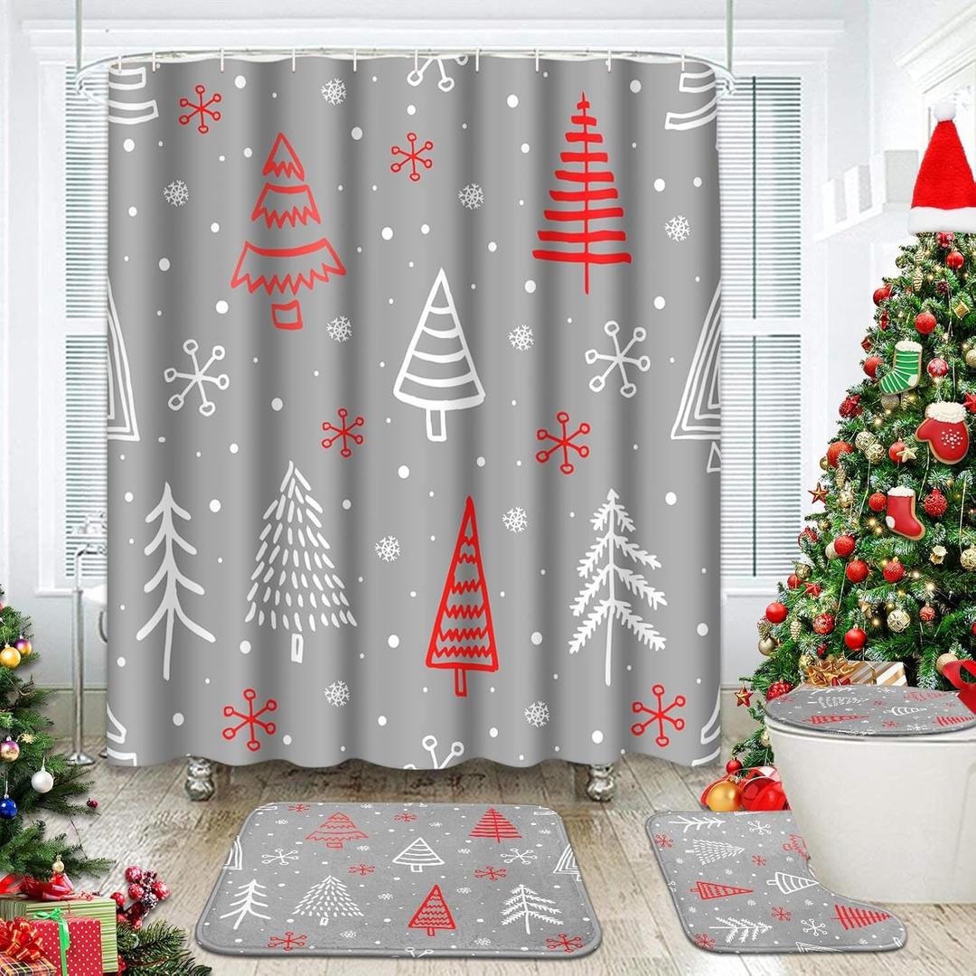4 Pcs Merry Christmas Shower Curtain Set, Pine Tree Grey and Red Snowflakes Xmas Shower Curtain with Non-Slip Rugs, Toilet Lid Cover and Bath Mat Bathroom Sets Decorations 72" x 72"