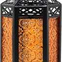 Black Metal Decorative Moroccan Lantern Candle Holder Lamp for Indoor or Outdoor Home Decor, Large, Amber