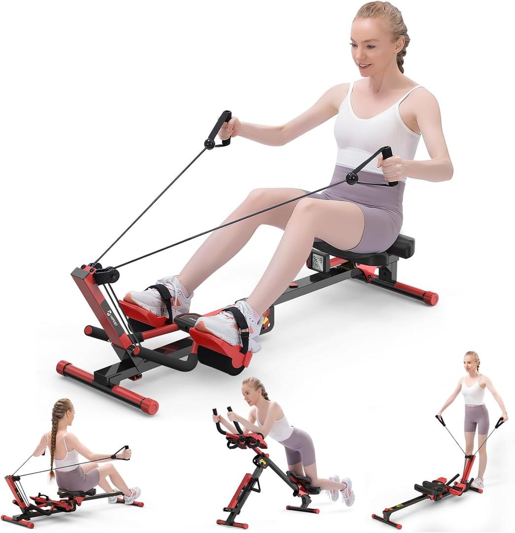 Rowing Machine, 4 in 1 Rowing and Ab Machine with 2 Levels of Workout Resistance, Quiet & Foldable Rower Machine with 3 Adjustable Handle Heights & LCD Monitor, Row Machine for Home Exercise