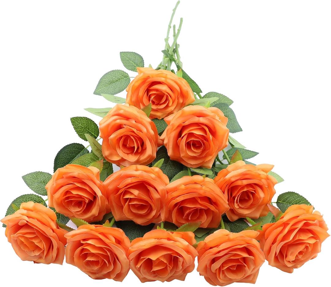 LVEFIT 50pcs Artificial Rose Flower Orange Rose Orange Flower with Long Stem Silk Roses Bouquet for Wedding Bridal Shower Party Home Decoration