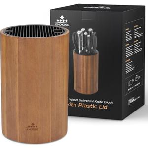 Enoking Universal Knife Block Holder with Plastic Lid, Acacia Wood Knife Block without Knives for Scissors, Sharpening Rod and Knives, Round Knife Storage Organizer Display