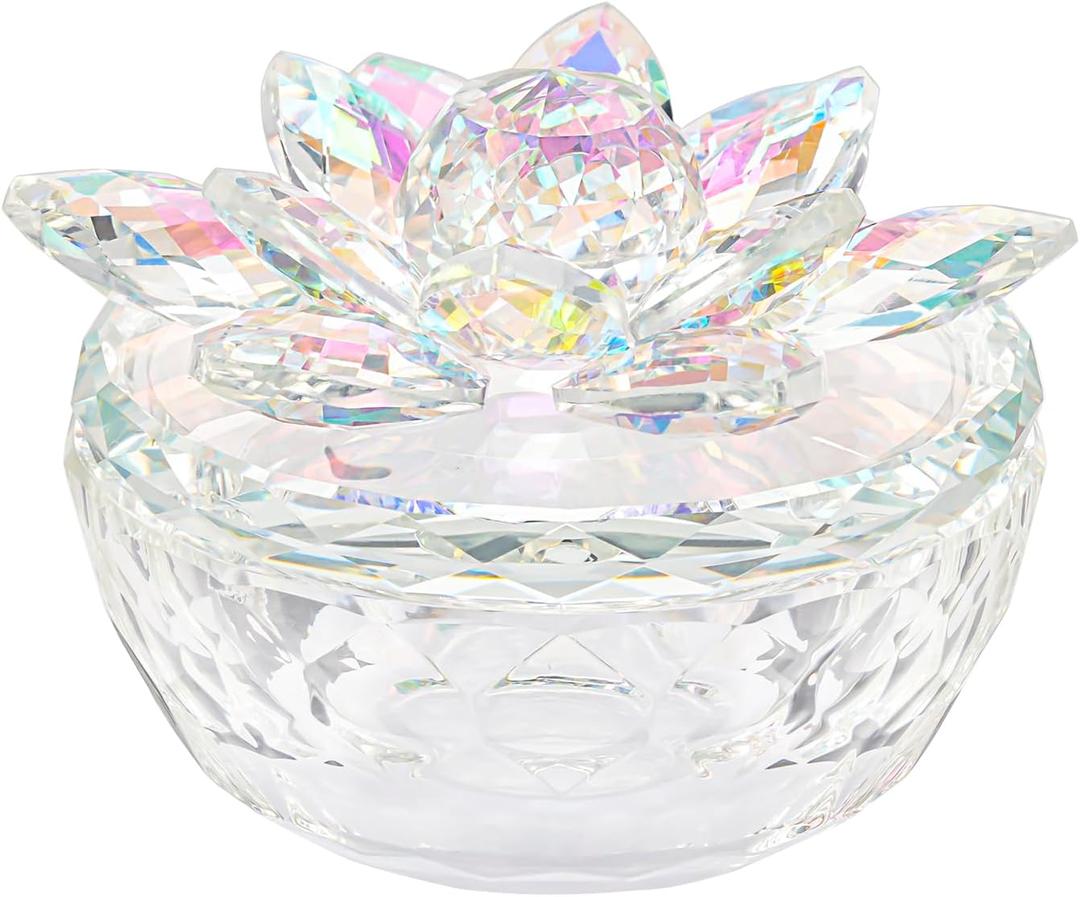 Crystal Jewelry Box for Women, Small Glass Trinket Jar with Lid, Clear Lotus Flower Storage Holder, Elegant Organizer Dish for Ring, Earrings, Necklace, Decorative Gift for Vanity (Dazzling Colors)
