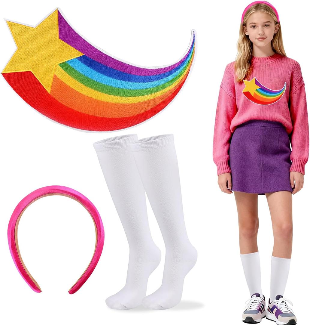 3Pcs Halloween Women Costume 2025 Accessories with Socks Stain Hot Pink Headband Large Rainbow Star Patch for Girls Cosplay