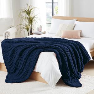 L'AGRATY Chunky Knit Blanket Throw - Soft Throw Blanket 60x80: 100% Hand Kintted Chenile Crochet Throw Blanket for Couch - Large Cable Knit Blanket for Home Decor(Dark Blue)