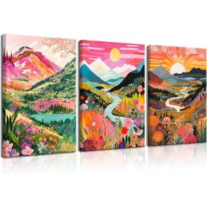 3Pcs Colorful Watercolor Mountain Canvas Wall Art Boho Floral Painting Picture Wall Decor Abstract Nature Landscape Poster Print Artwork for Living Room Bedroom Bathroom Office Home Decoration (12x16in)