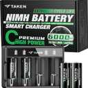 Taken Rechargeable C Batteries with Charger, 4-Pack NiMH Batteries & 4 Slot Smart Charger [6000mWh] [Fast Charging]