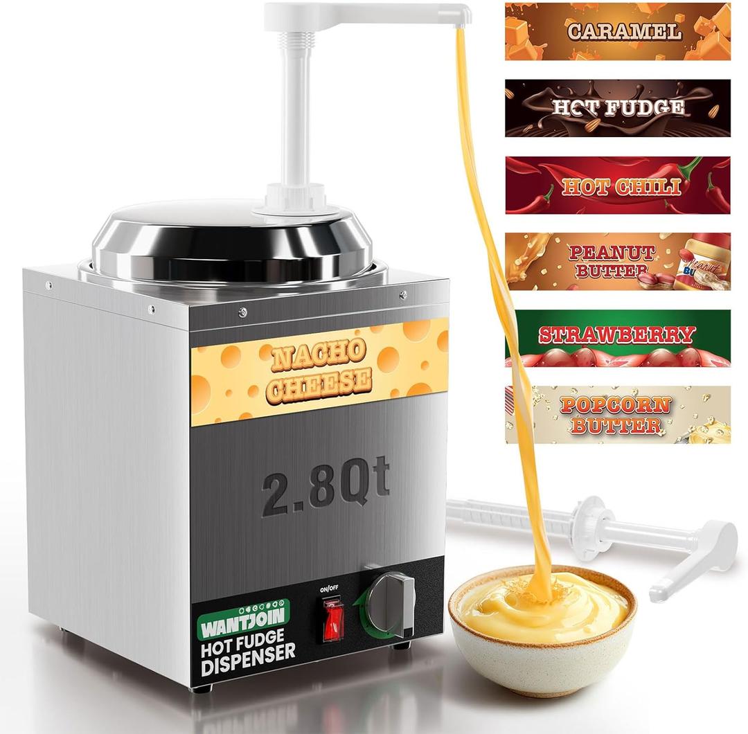 WantJoin Nacho Cheese Dispenser with Pump,2.8Qt Nacho Cheese Warmer,Stainless Steel Hot Fudge Warmer W/5-Level Temperature Adjustment,Commercial Hot Fudge Dispenser for Hot Fudge Cheese Caramel (Silver)