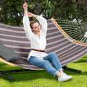 SUNCREAT Hammocks for Outside with Stand Included, Double Hammock with Curved Spreader Bar, Carrying Bag, Gray Stripes  147.6"L x 55"W