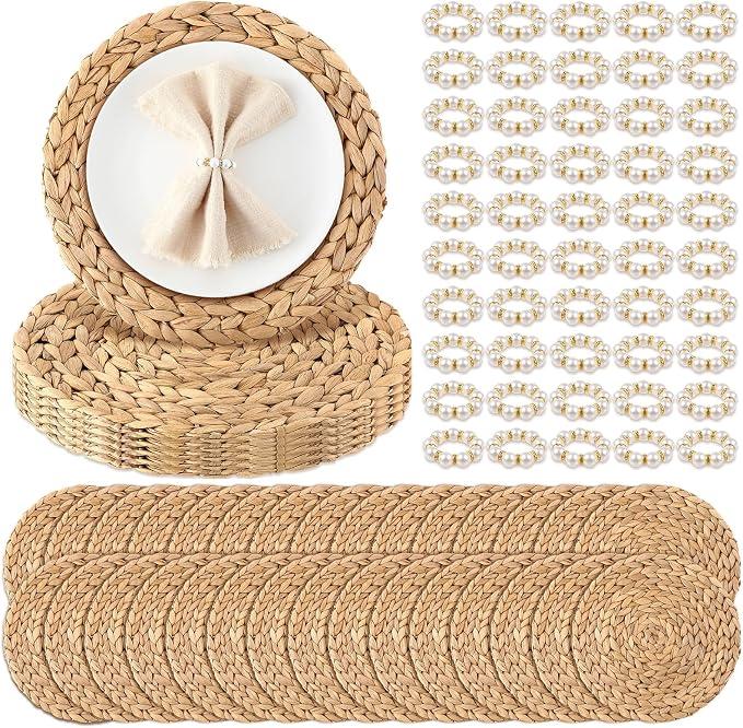 50 Set 13 Inch Round Woven Placemats with Pearl & Rhinestone Napkin Rings