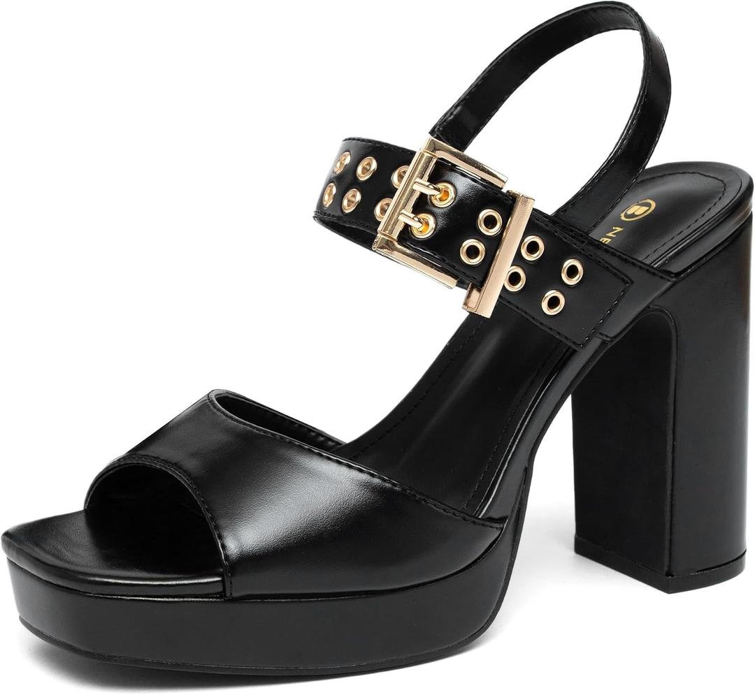 NEWBELLA Women's Platform Heeled Sandals - Open Toe Ankle Strap Slingback with Block Heel & Buckle, Summer Dress Shoes for Vacation & Evening, Black 8.5