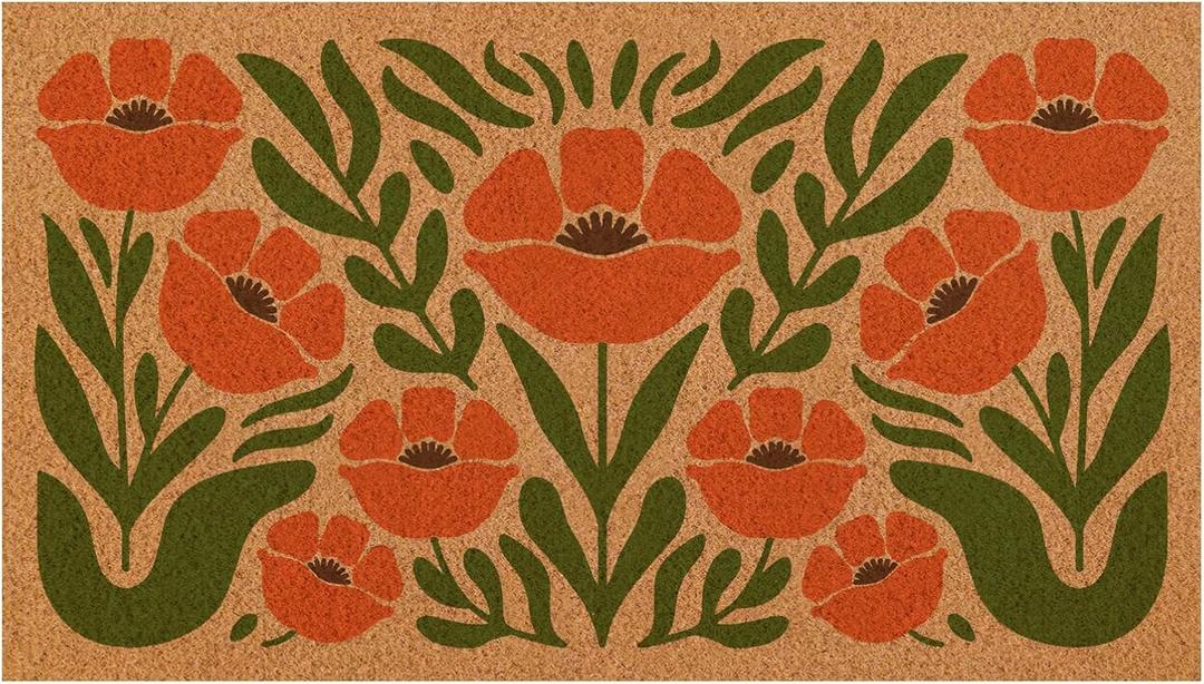Cute Boho Floral Door Mat Modern Boho Welcome Mat Indoor Outdoor Doormat Mid Century Front Door Mat Outside Entrance 30 x 17 Inches Rug for Entryway, Porch, Patio, Home Decor